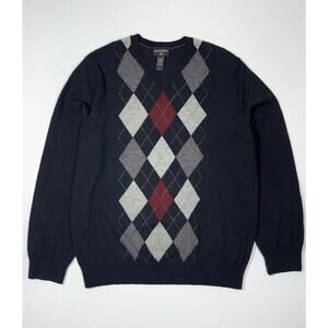 Banana Republic 100% Merino Wool Sweater Size XL Navy Argyle V-Neck Preppy Comfy